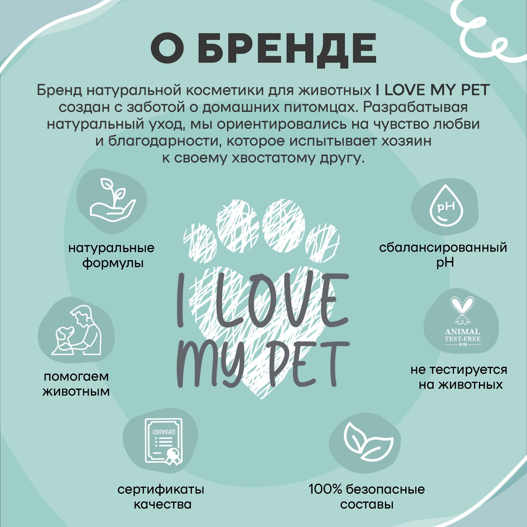 Шампунь-кондиционер для кошек, собак и котят I LOVE MY PET, гипоаллергенный от перхоти, увлажнение, мягкая и блестящая шерсть, 250 мл