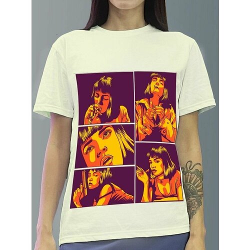 фото Футболка женская белая молочный оттенок из хлопка с dtf принтом фильмы криминальное чтиво квентин тарантино мия уоллес - 40141 будь на стиле