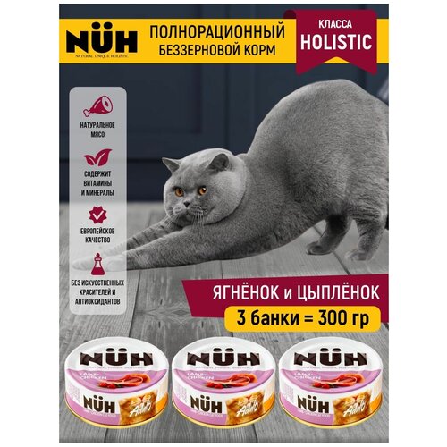 Беззерновой влажный корм холистик для взрослых кошек. Ягненок и цыплёнок.100 гр. NUH ключ Набор 3 шт.