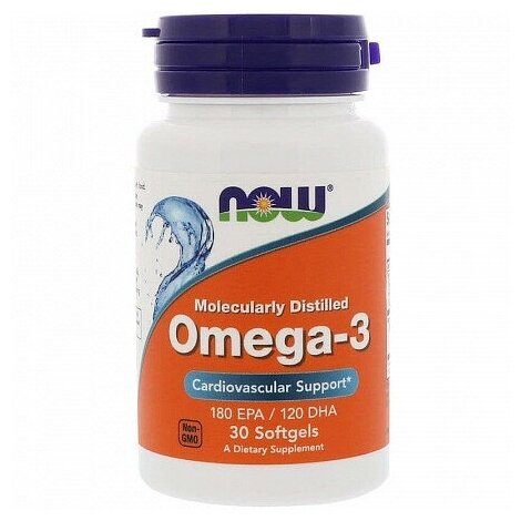 NOW Food, Omega 3 1000 мг, Молекулярная дистилляция, 30 капсул — фото 1