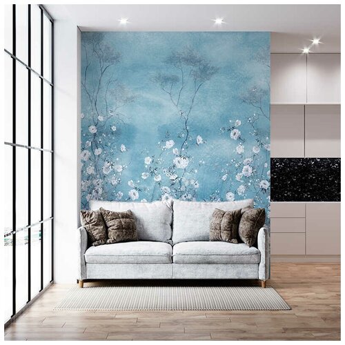 Фотообои цветы на стену MOBI DECOR "Белая флора на голубом" флизелиновые в спальню или в гостиную или на кухню 200x250 см.