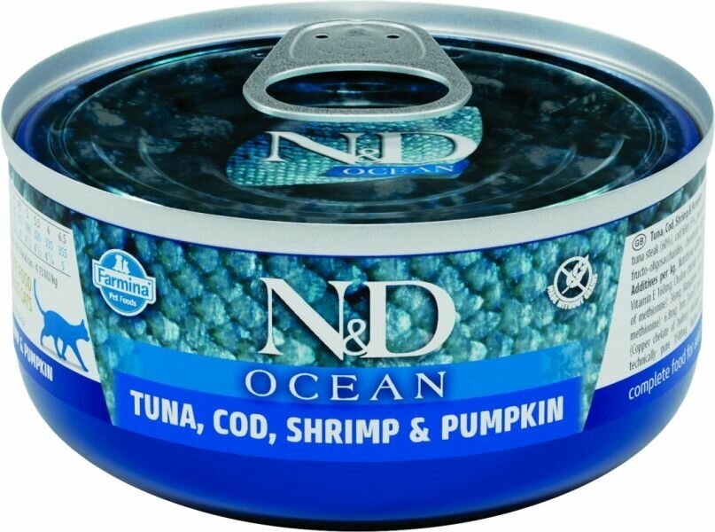 Корм влажный Farmina N&D Cat Ocean Tuna, Cod, Shrimp & Pumpkin, для взрослых кошек, с тунцом, треской, креветками и тыквой, 420г ( 70г x 6 шт. )