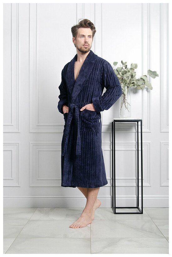 Бамбуковый халат джинсово-серого цвета без капюшона - фотография № 1