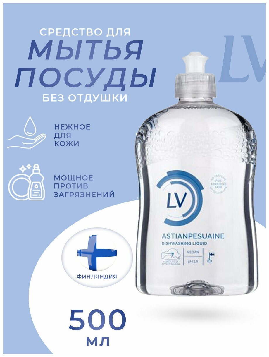 Финское гипоаллергенное жидкое средство для мыть посуды без запаха, для чувствительной кожи рук, неароматизированное (LV BERNER astianpesuaine, 500 мл)