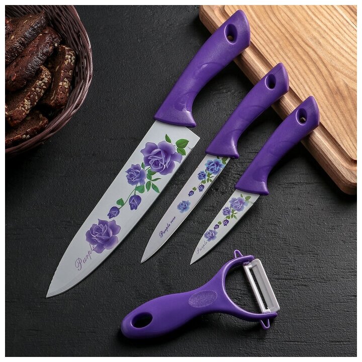 Набор кухонный4 предмета: 3 ножа с антиналипающим покрытием лезвие 85 см 12 см 20 см овощечистка цвет фиолетовый