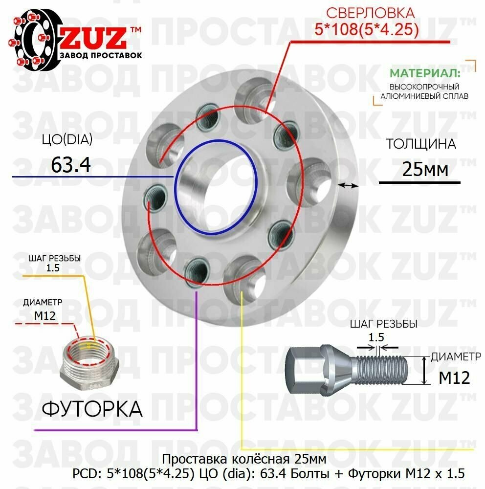 Проставка для дисков 1 шт 25мм: 5*108(5*4.25) ЦО (dia): 63.4мм с бортиком крепёж в комплекте Болты и Футорки M12 * 1.5 применяемость: Ford Volvo