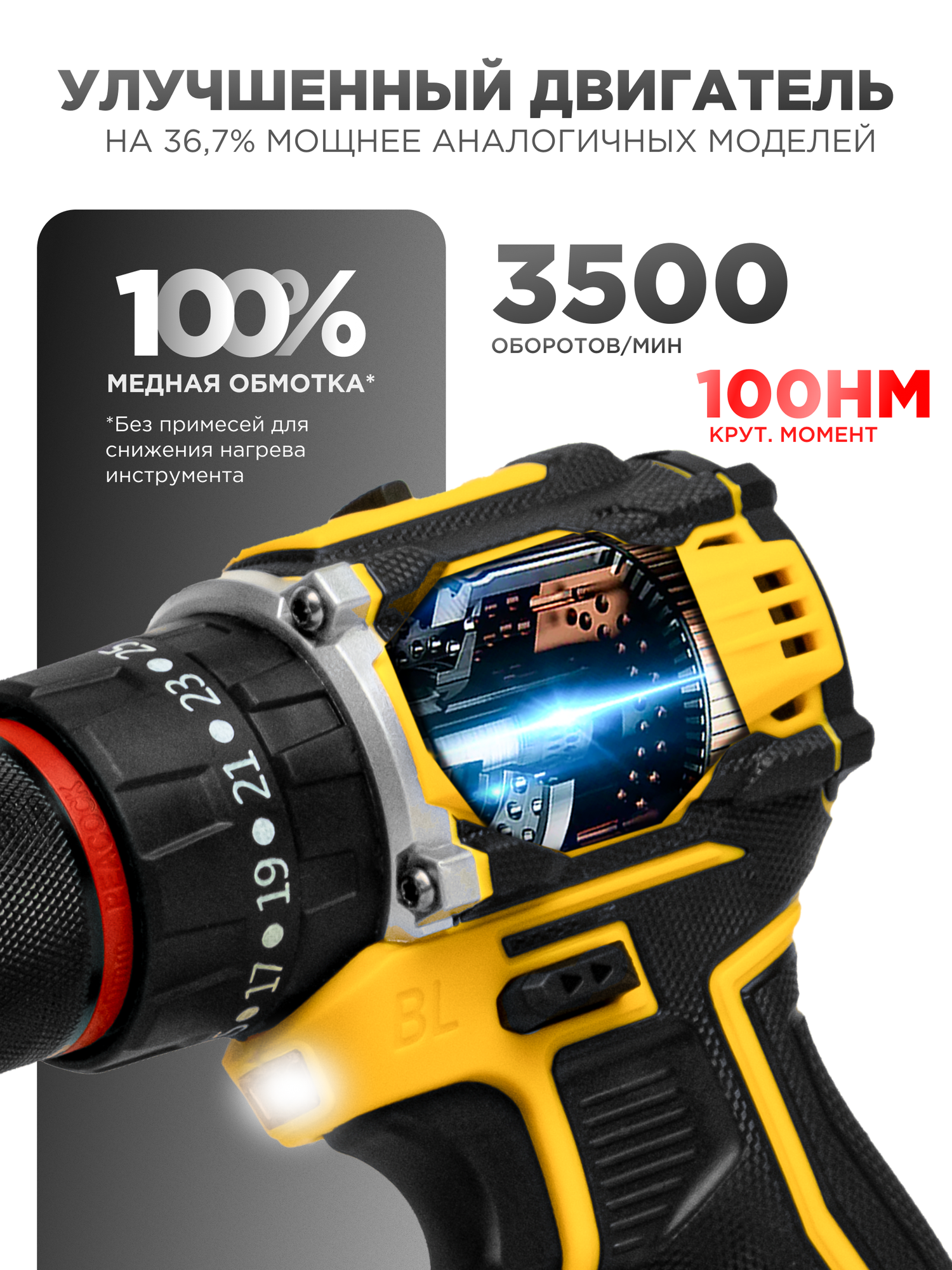 Дрель шуруповерт аккумуляторный HÖRDER HD-24 Li2 PRO бесщеточный ударный 24 В, 3500 об/мин — фото 1