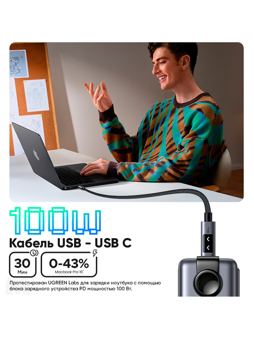Кабель UGREEN L509 UNO USB-C 2.0 (m) - USB-C 2.0 (m) Robot, 5A, 2м, черный/серый (35512) — фото 1