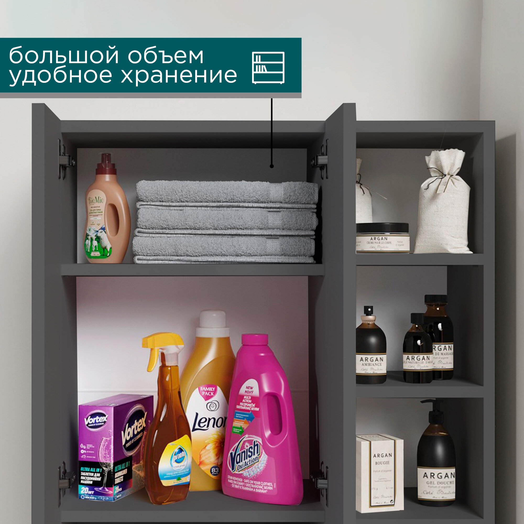 Изображение Шкаф над стиральной машиной Effetto Puro, пенал для ванной с дверцами, полками, на балкон, 170х64х25 см, серый графит