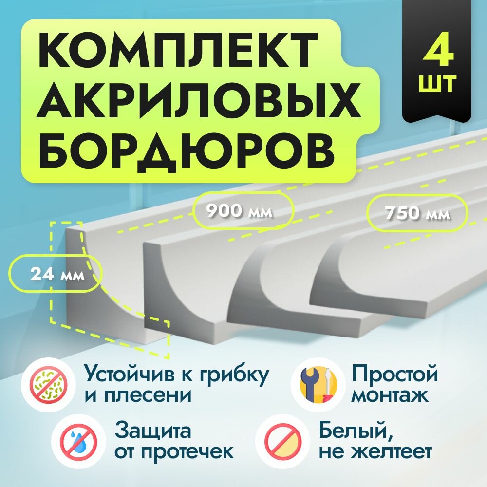 Комплект акриловых бордюров для ванной Г24 750 мм (2шт) 900 мм (2 шт) ширина 2.4 см плинтус для ванны