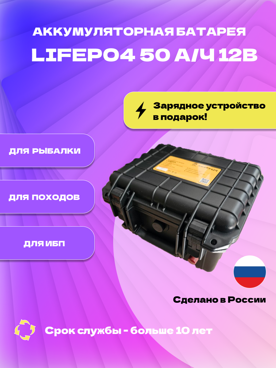 Аккумуляторная батарея Лиферыч LiFePo4, 12В, 50 Ач, блютус бмс, в кейсе, гарантия 1 год
