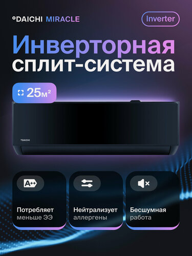 Изображение товара Кондиционер инверторный (сплит-система) Daichi MIRacle INVERTER MIR25AVQS1R-1 до 25 кв. м, охлаждение/нагрев, черный