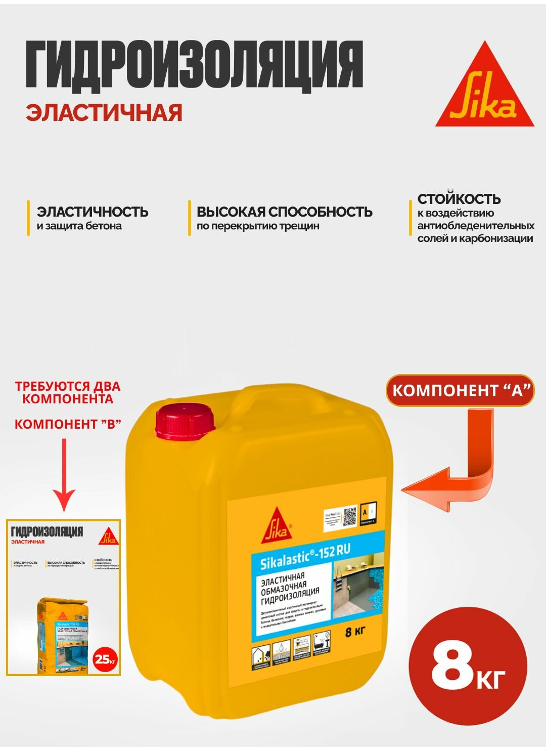 Sikalastic - 152 RU - эластичная гидроизоляция и защита бетона на цементно-полимерной основе с армирующим волокном