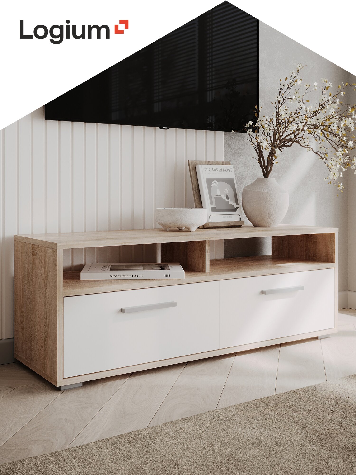 Тумба под телевизор напольная 108х338х396 см Ультра 16.56 дуб сонома белый шагрень