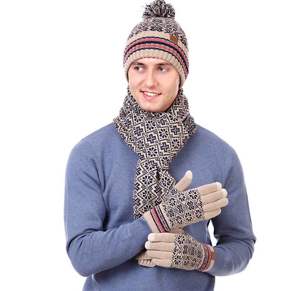 Зимняя вязаная шапка шарф перчатки комплект ветрозащитных акриловых флисовых подкладок теплая шапка с помпоном перчатки с сенсорным экраном для женщин и мужчин велоспорт катание на лыжах