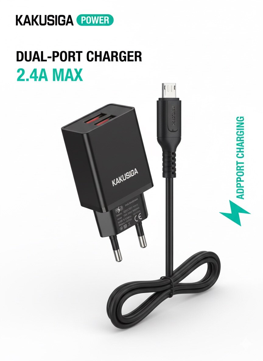 Зарядное устройство Kakusiga, Dual USB 2.4 A, с кабелем Micro-USB, 1 м, огнестойкий пластик