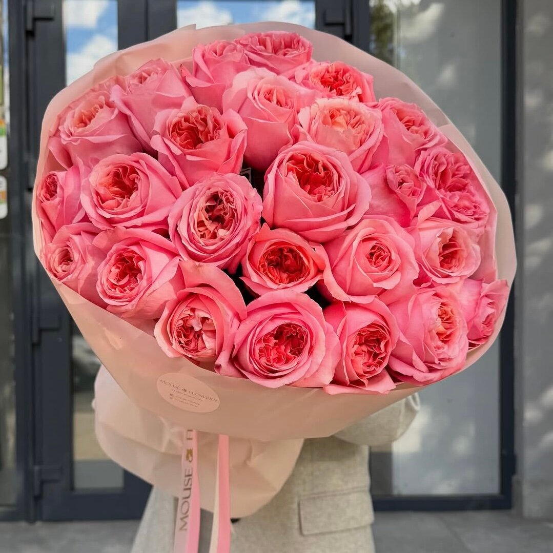 Букет из розовых пионовидных роз 25 шт, красивый букет цветов, шикарный, премиум цветы, премиум букет