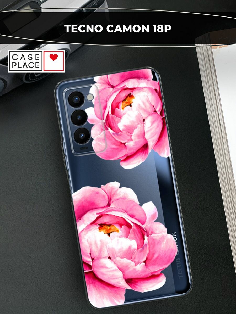 Чехол на Tecno Camon 18P / Техно Камон 18Р с принтом "Open peonies", прозрачный