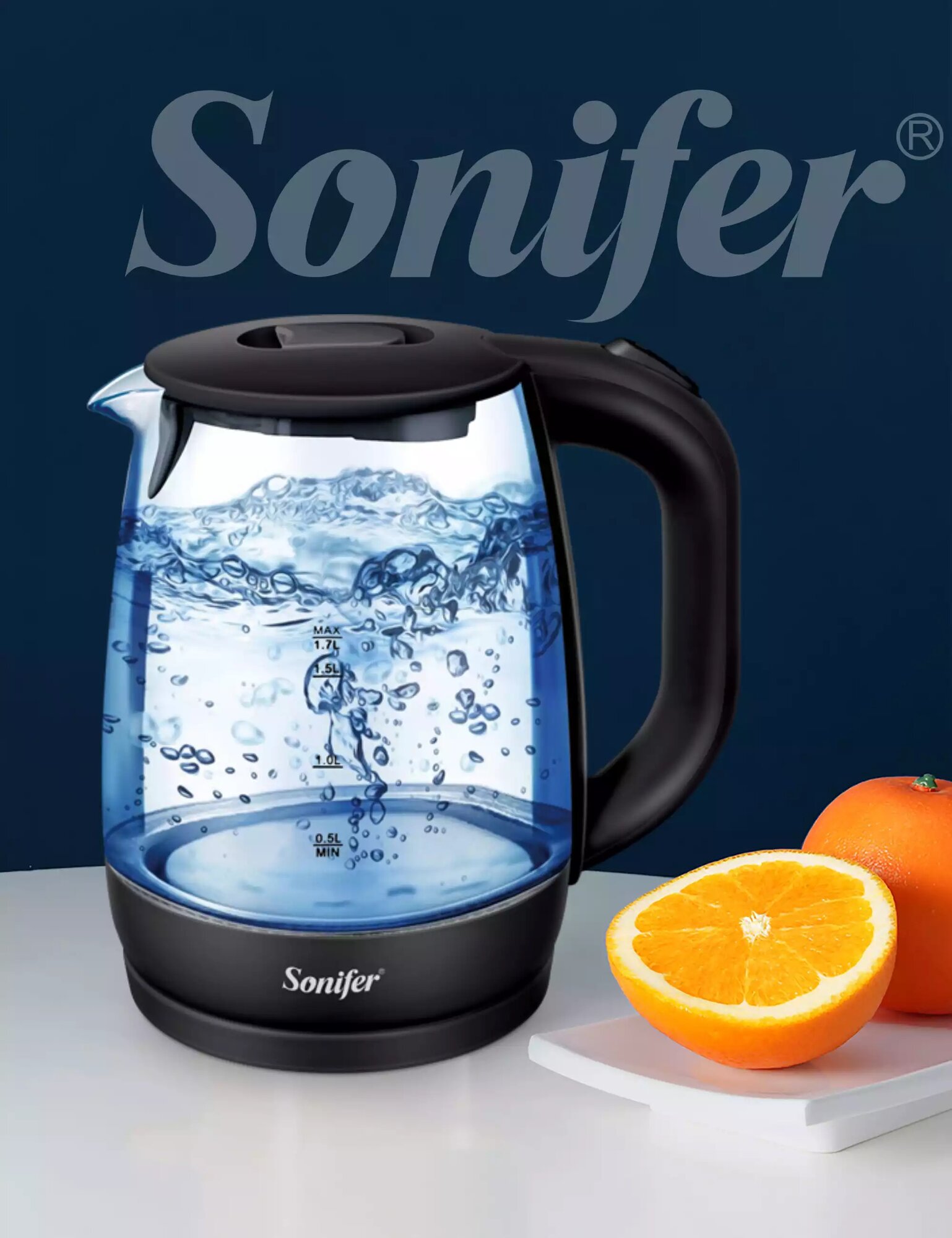 Электрический чайник Sonifer SF-2079, 2200Вт, с подсветкой, пластик/стекло, белый