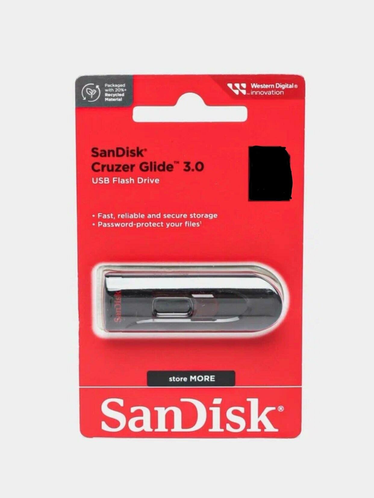 Флешка SanDisk "Cruzer Glide", 64ГБ, выдвижной разъём USB Type-A, защита паролем