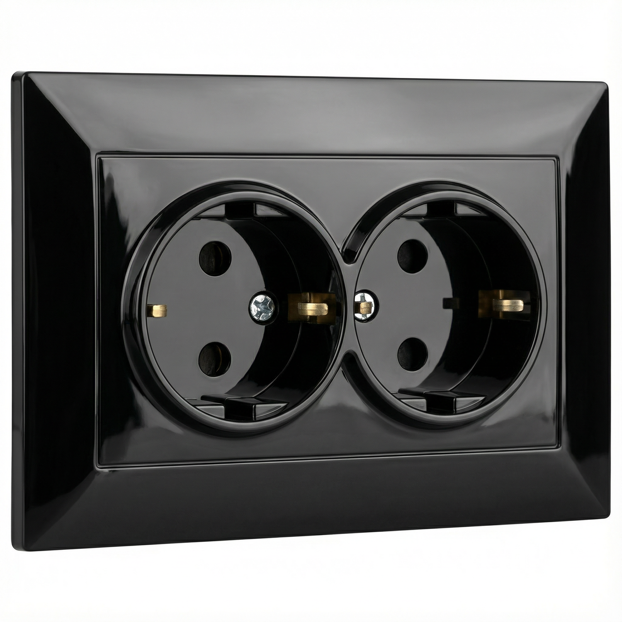 Розетка двойная (сдвоенная) CTM 9202-52CP черная с рамкой, скрытый монтаж, с заземлением, 2x16А, защитные шторки