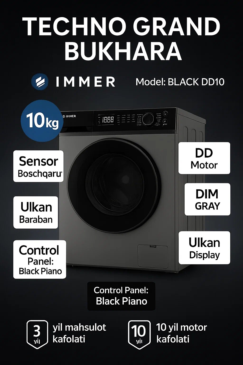 IMMER 10 kg Black 10DD – Большой барабан, быстрый отжим, экономичная стирка, сенсорное управление