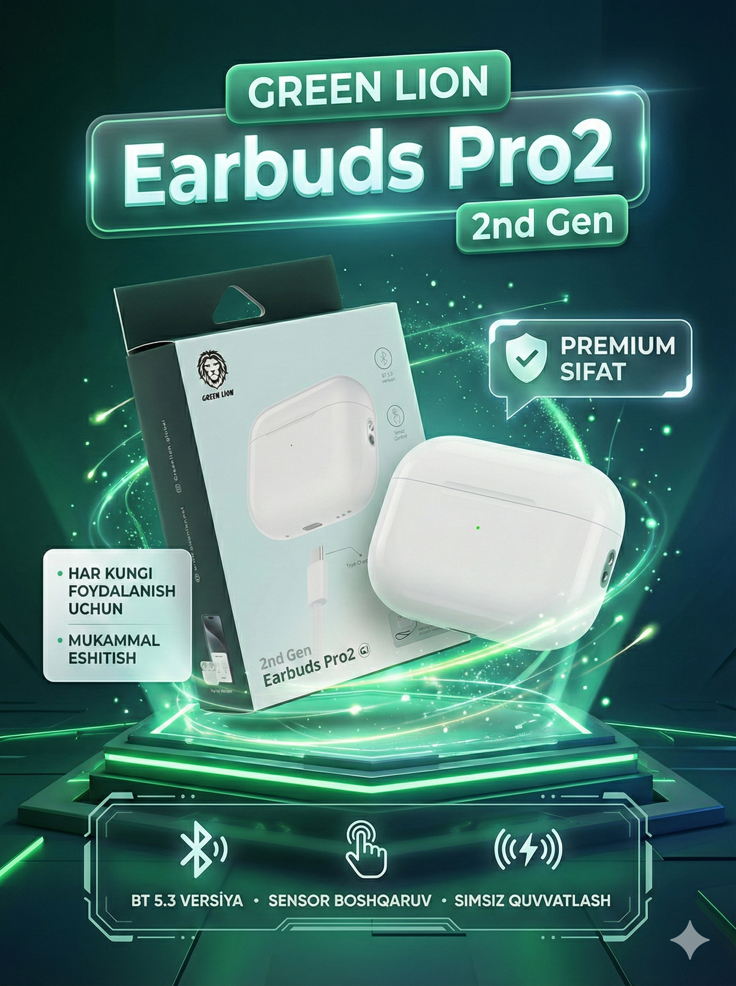 Наушники Green Earbuds Pro 2 g1 беспроводные с микрофоном и быстрой зарядкой, оригинал