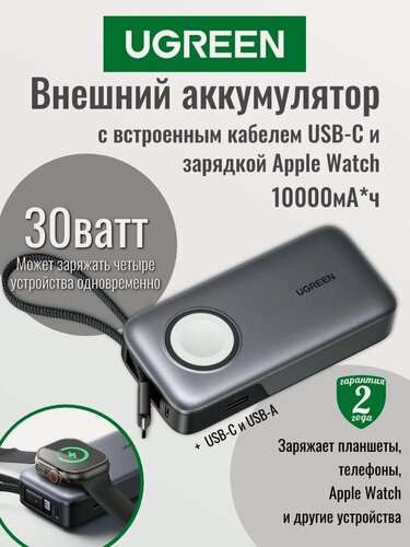 Изображение товара Внешний аккумулятор UGREEN PB527 (55434B) 6000mAh Power Bank 30W с магнитной зарядкой. Цвет: серый космос