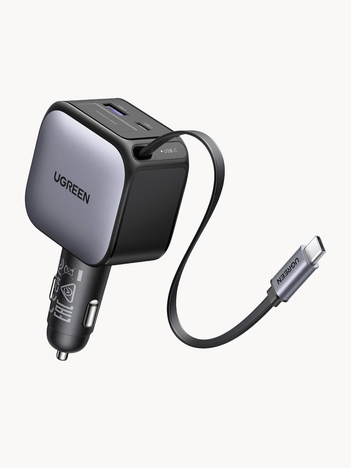 Автомобильное зарядное устройство UGREEN EC603 (55909B) 90W с выдвижным кабелем USB-C. Цвет: металлик