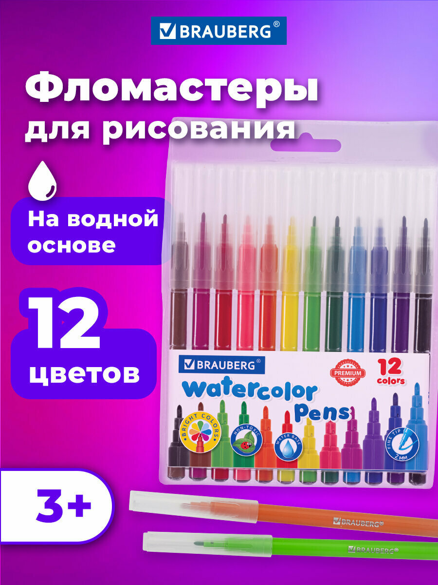Фломастеры для рисования для детей набор Brauberg Premium, 12 цветов, Классические, вентилируемый колпачок, Пвх-упаковка с европодвесом