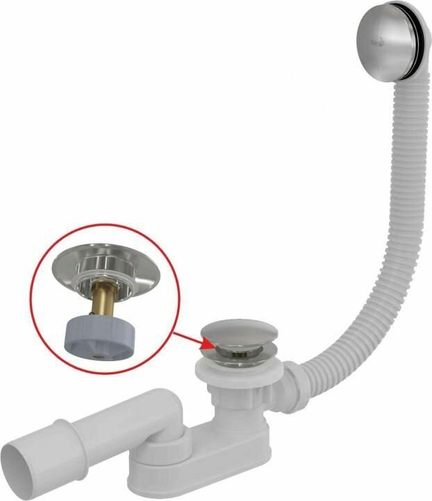 Сифон для ванны AlcaPlast A507CKM, хром, компактный, гофрированный, с гидрозатвором