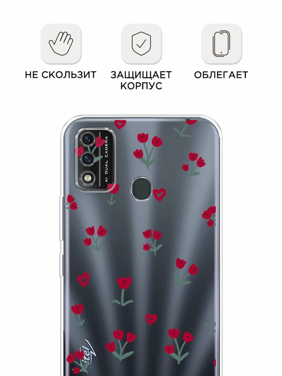 Чехол на Itel A48 / Ител А48 с принтом "Красные тюльпанчики", прозрачный — фото 1