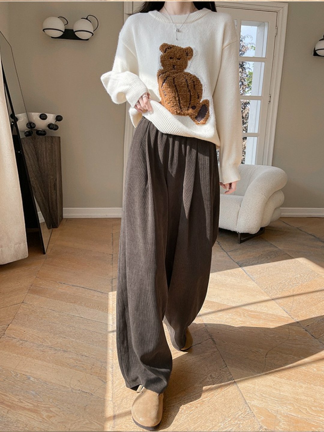 Брюки  Брюки женские широкие вельветовые , брюки теплые для девушек, размер S, темно-коричневый — фото 1