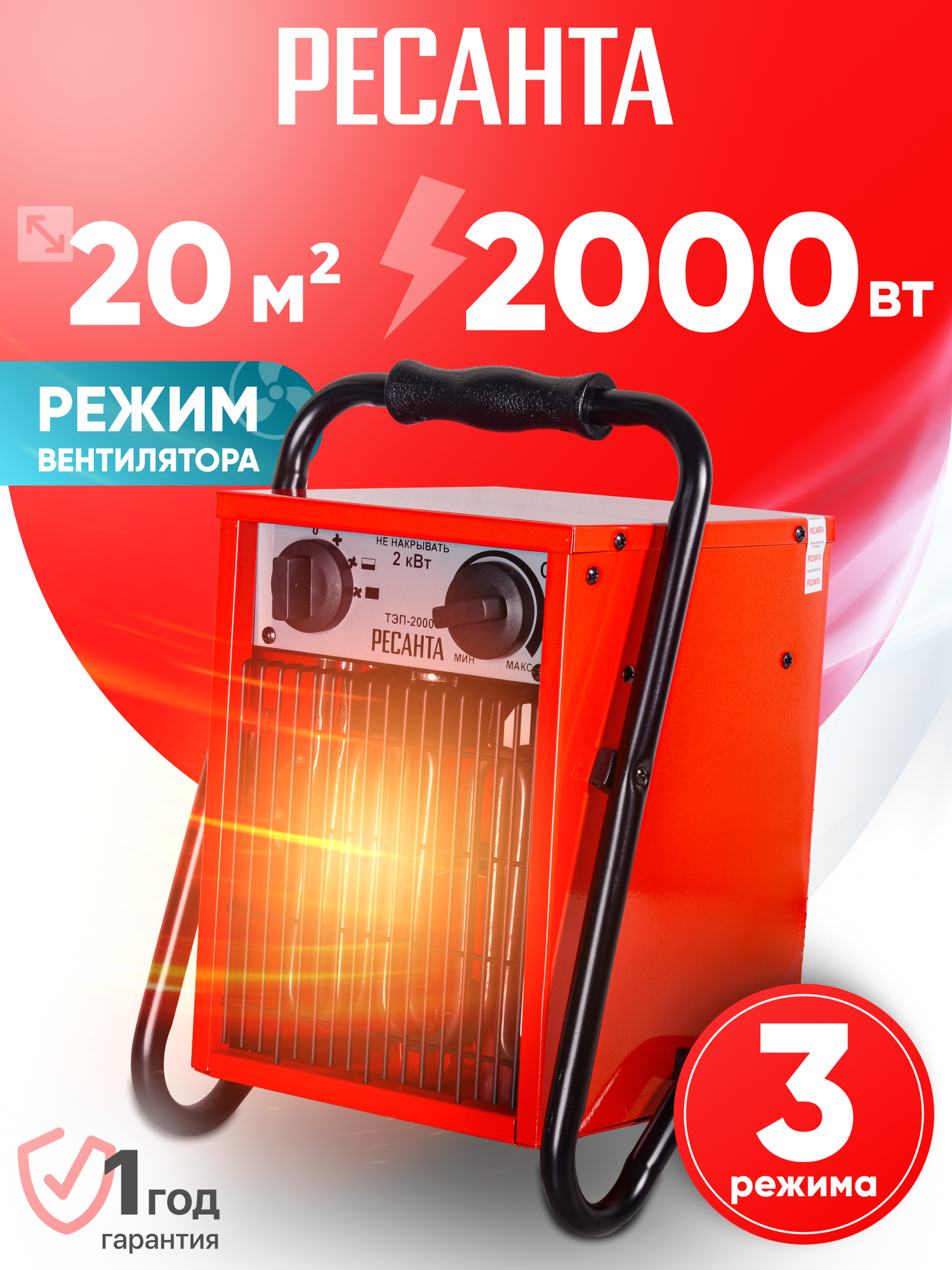 Тепловая пушка электрическая Ресанта ТЭП-2000 ТЭН терморегулятор