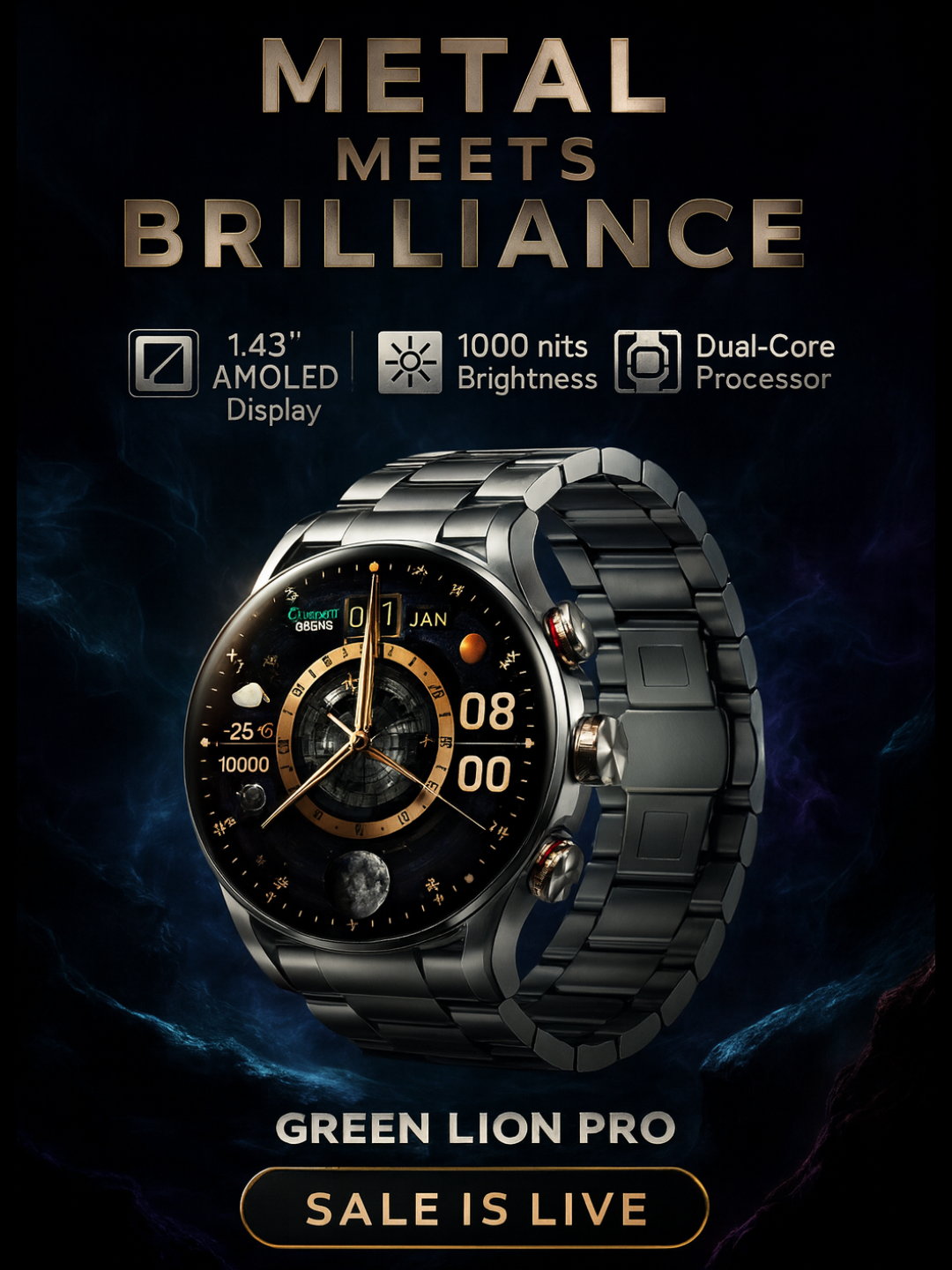 Green Lion Chrono Pro Smart Watch Умные Часы | 1.60" AMOLED Дисплей | Металлический Ремешок | 7 Дней в Режиме Ожидания