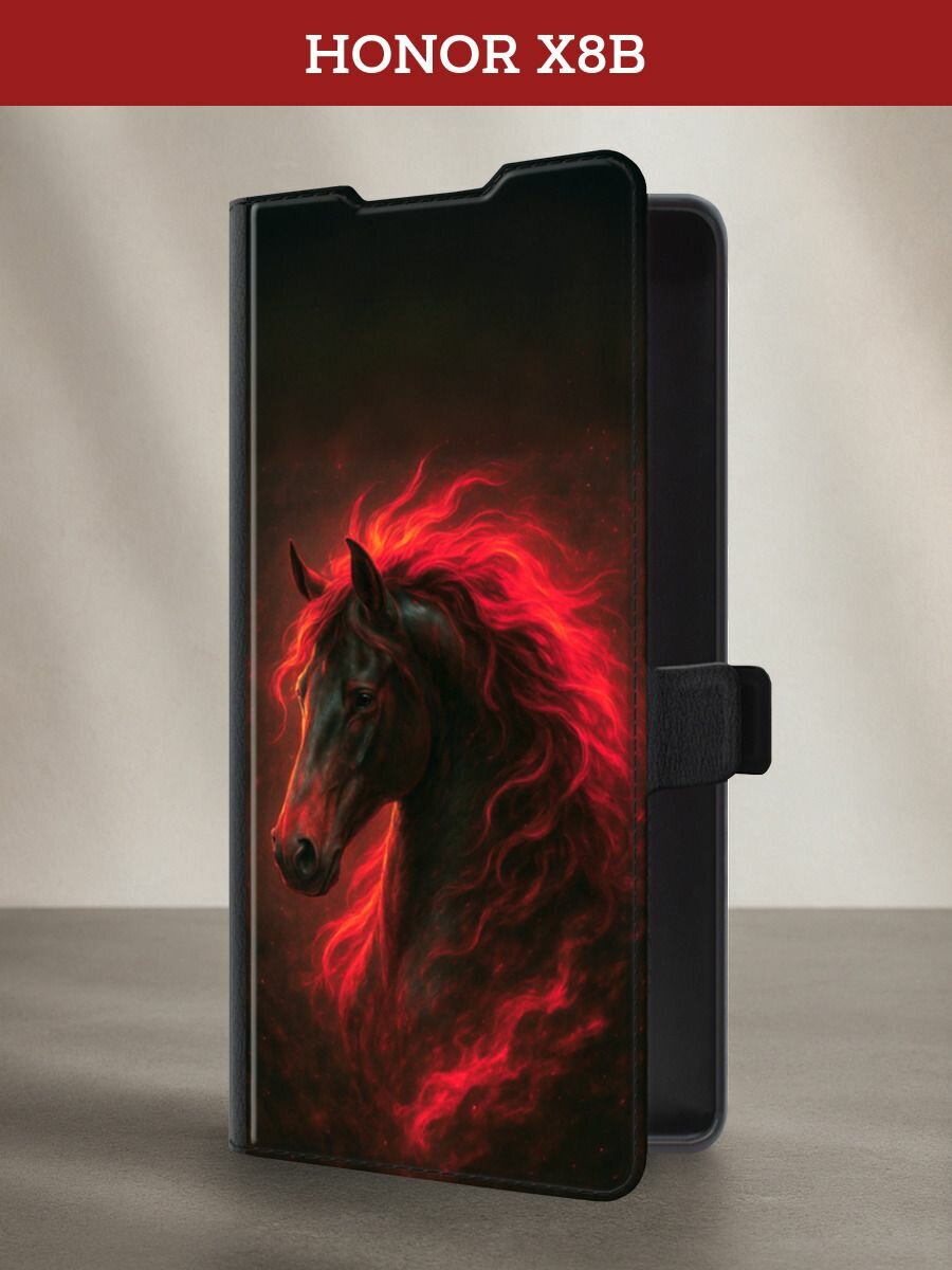 Чехол-книжка на Honor X8B / Хонор Х8B с принтом Конь и грива, черный