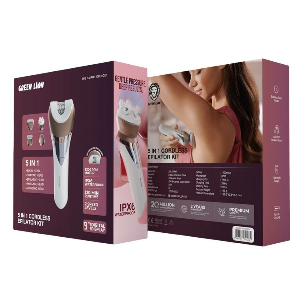 Эпилятор Green Lion 5-в-1 – Многофункциональный набор для женщин, IPX6, 5 насадок, массаж и триммер