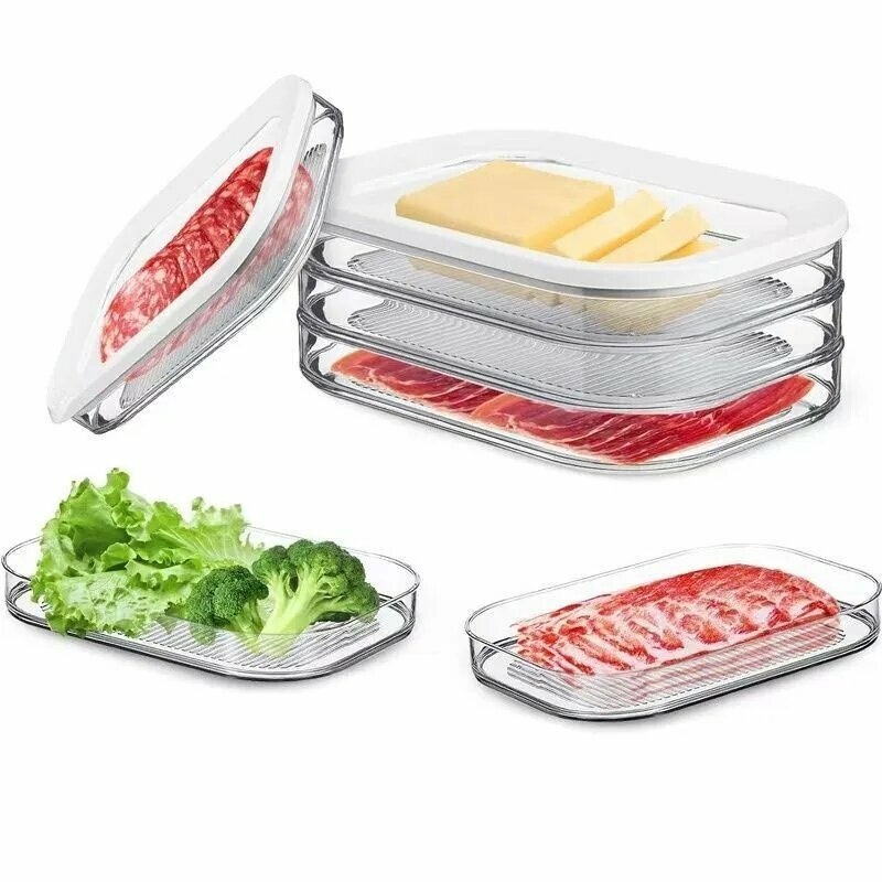 Пластиковый герметичный контейнер для колбасы и мясных продуктов - 3-х ярусный, прозрачный, с крышкой, для холодильника