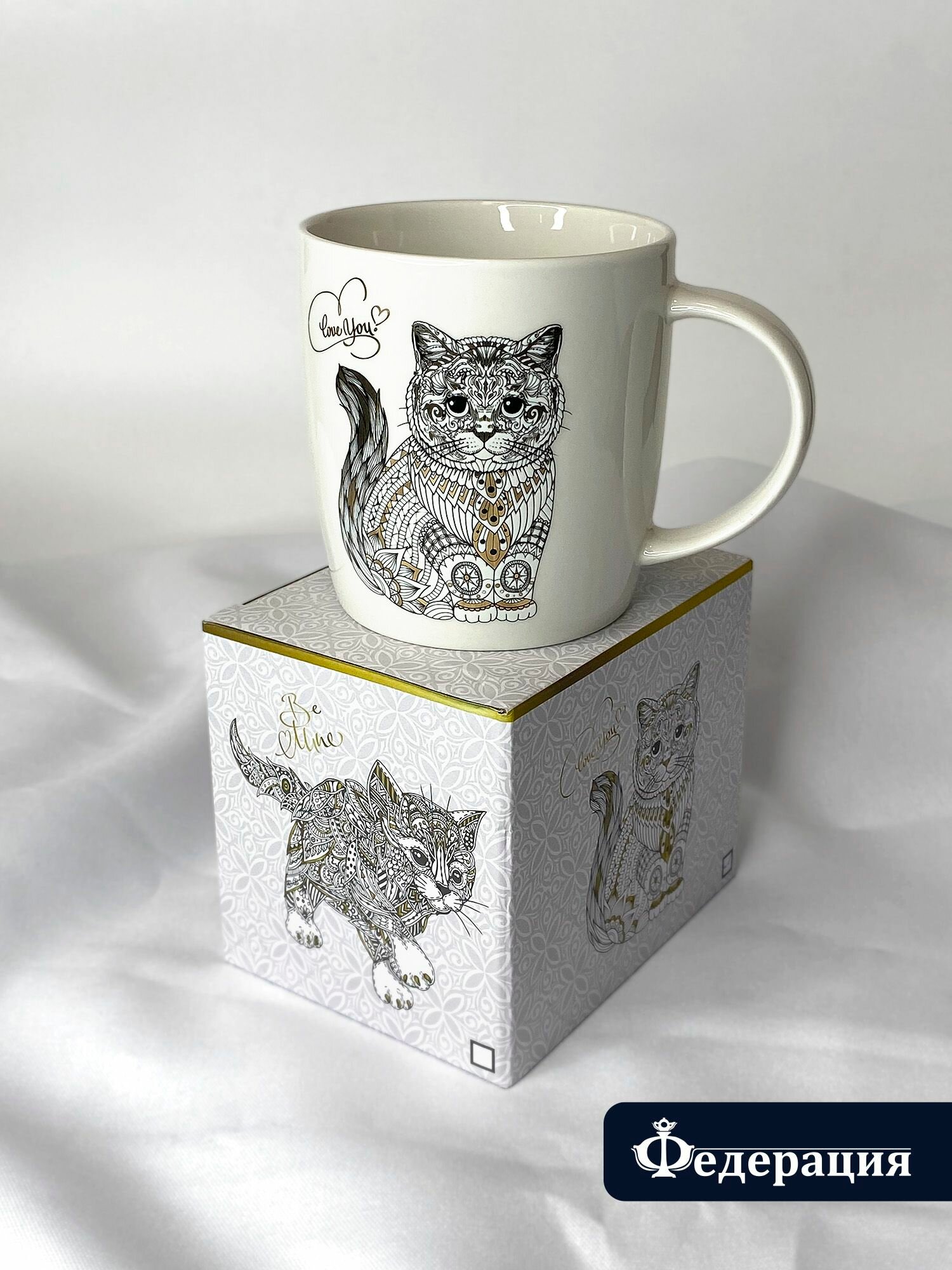 Кружка "Пушистый кот: I love you", 320 мл. рельефный принт с золотом в подарочной упаковке