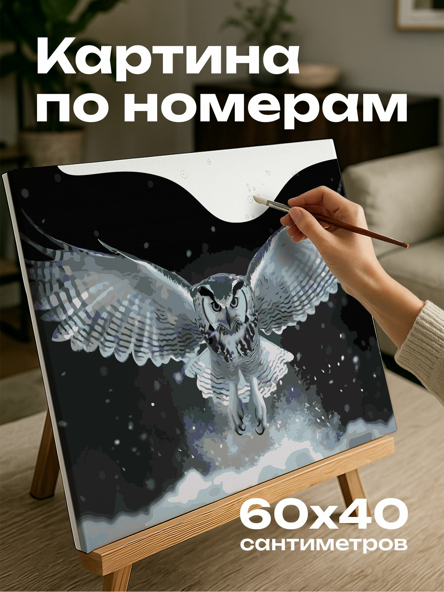 Картина по номерам 60x40 см, Сова, полет, высокоскоростной затвор, размах крыльев, ночной охотник, очертания перышек