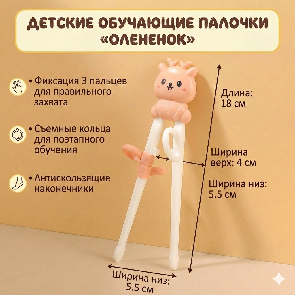 Детские обучающие (тренировочные) палочки для еды с силиконовыми кольцами-фиксаторами «Олененок»