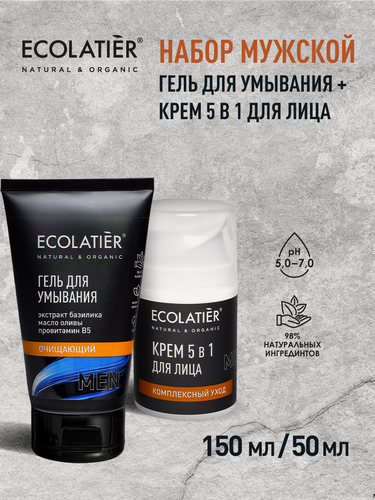 Изображение товара Набор мужской ECOLATIER Men, гель для умывания и крем для лица 5в1, комплексный уход, 150 мл и 50 мл