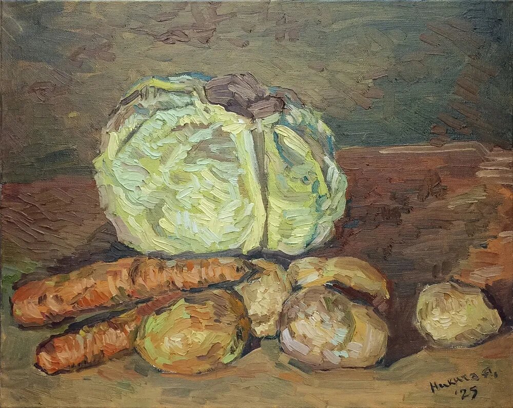 Картина маслом "Натюрморт с капустой", 40х50 см, ручная работа