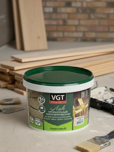 Изображение товара Лак VGT антисептик полуглянцевый полиакриловый бесцветный 2.2 кг для внутренних и наружных работ, для влажных помещений