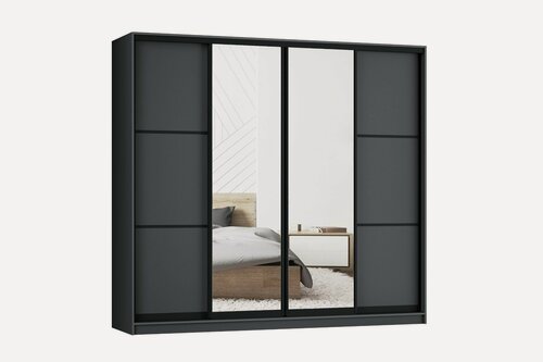 Изображение товара Шкаф купе для одежды Ронни 4, МФ-Купе, с зеркалом, 220х45х200, белье/платье/белье, графит, профиль черный
