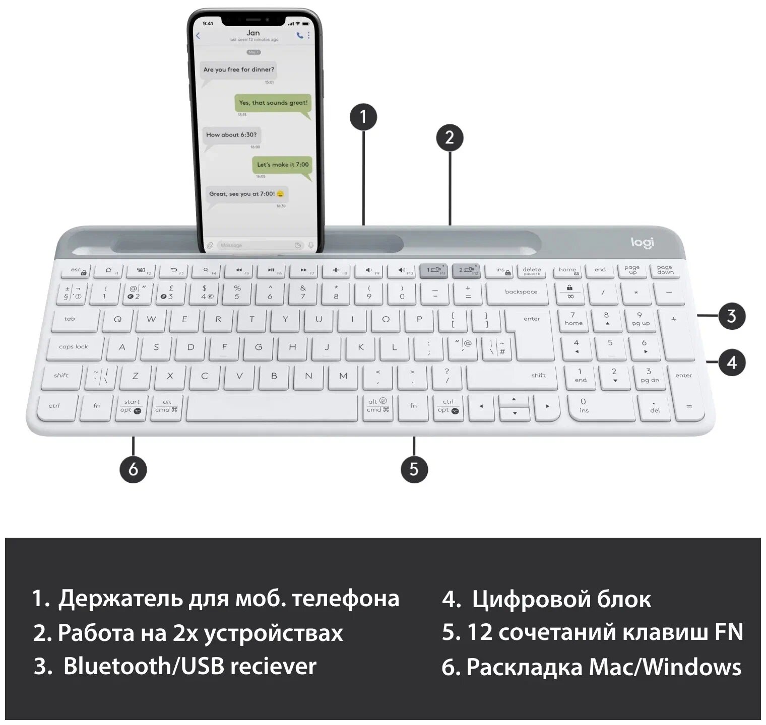 Беспроводная клавиатура Logitech K580 Slim Multi-Device белый, английская/русская (ANSI) — фото 1