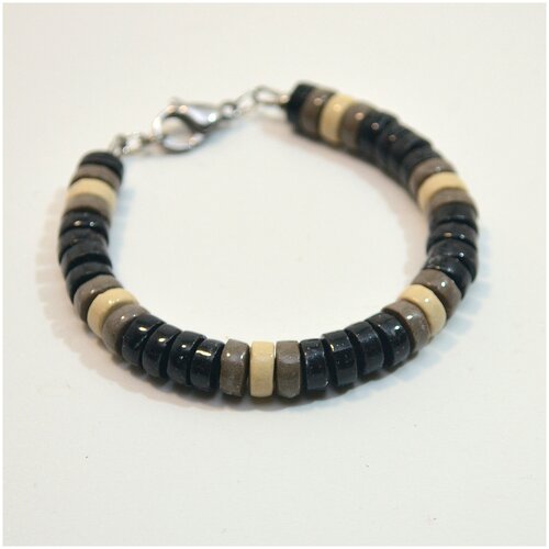 Браслет ручной работы черный с коричневыми вставками, размер 21 см