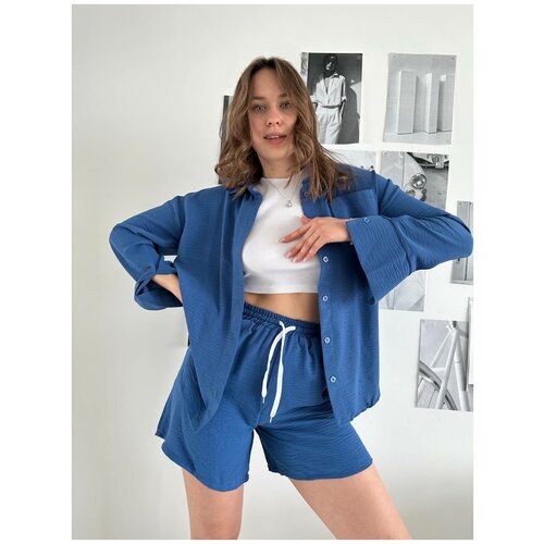 Костюм льняной женский с шортами My store, цвет синий меланж, размер 44(М)