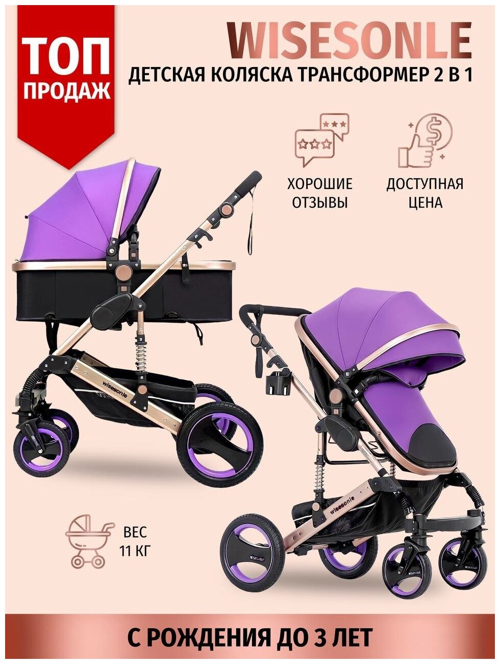 Детская коляска Wisesonle Коляска 2 в 1 Коляска-трансформер Для новорожденных 2023 Люлька для детей до 3-х лет