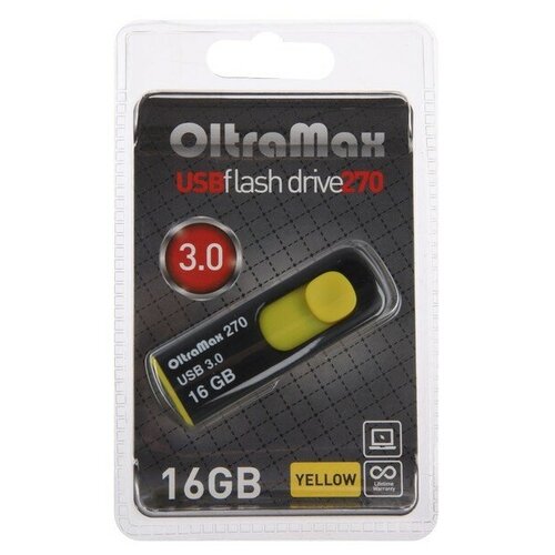 Флешка OltraMax 270, 16 Гб, USB3.0, чт до 70 Мб/с, зап до 20 Мб/с, желтая